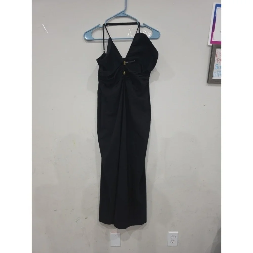 Zara Black Cutout Midi Dress Bamboo‎ Ring Halter Ruched XL